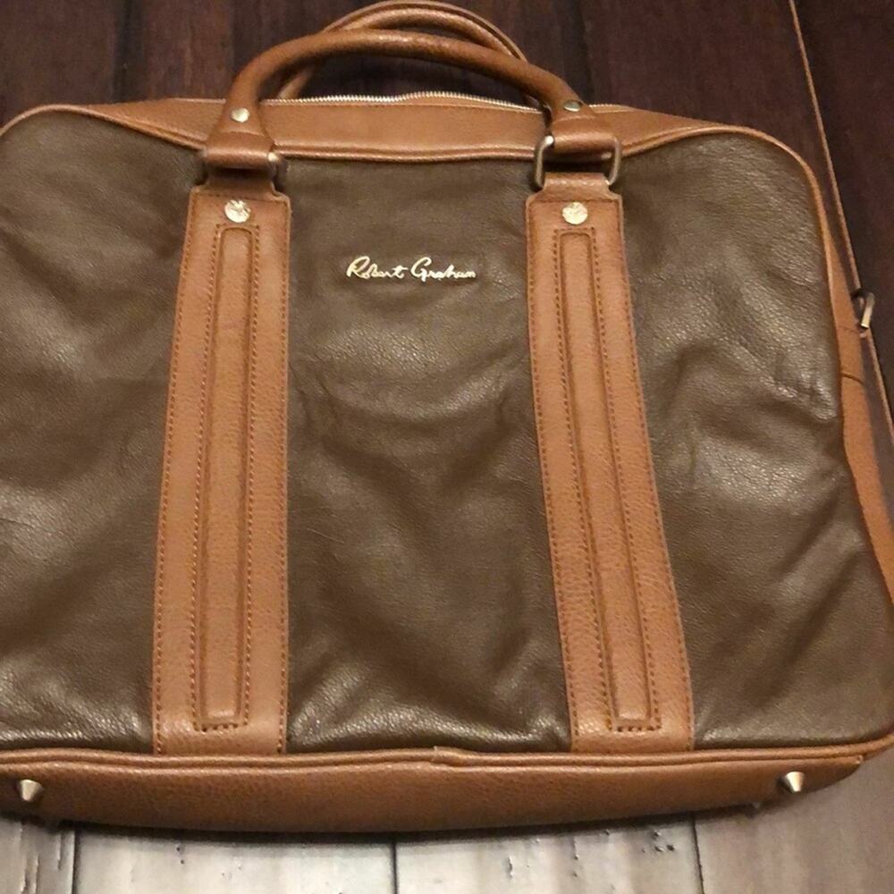 Robert Graham laptop bag briefcase carrying handle Blue Paisley Brown Leather